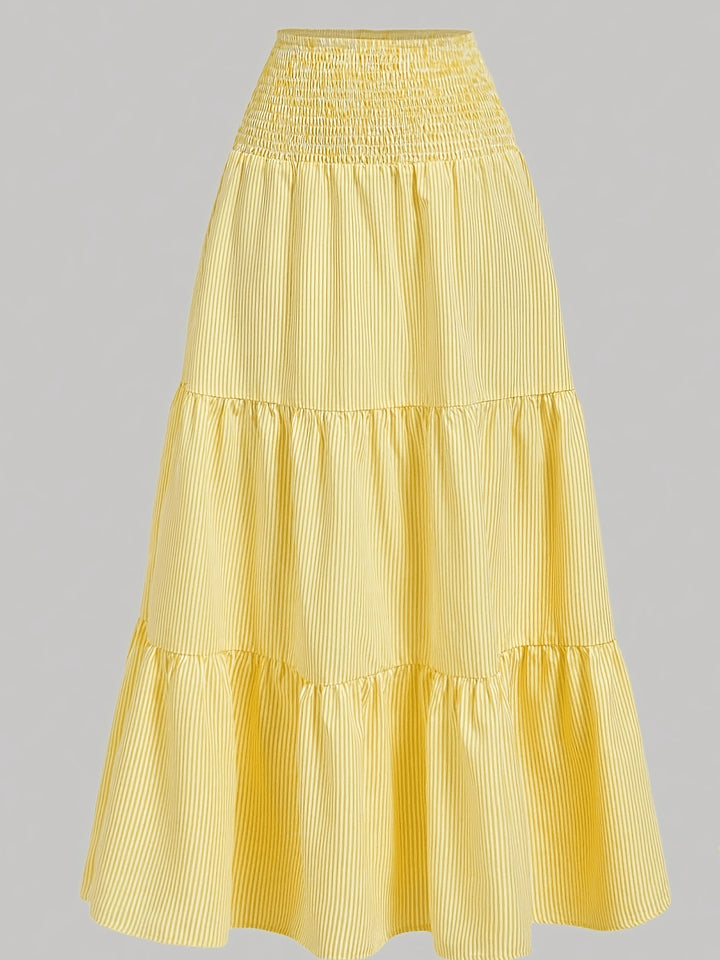 Yellow Skirts Smocked High Waist Tiered Pinstripe Maxi