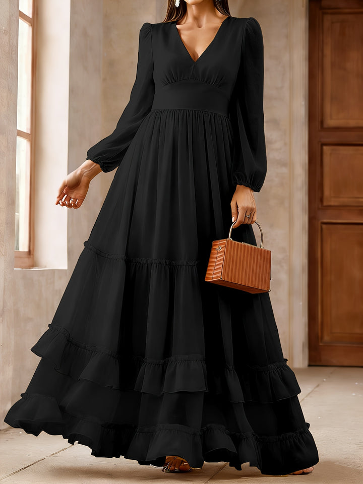 Logan | Women's Chiffon V Neck Long Sleeve Tiered Wedding Guest Dress