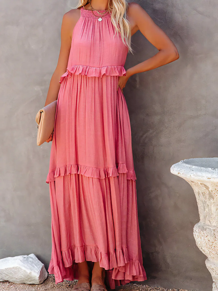 Pink Dress Tiered Ruffle Smocked Halter Maxi
