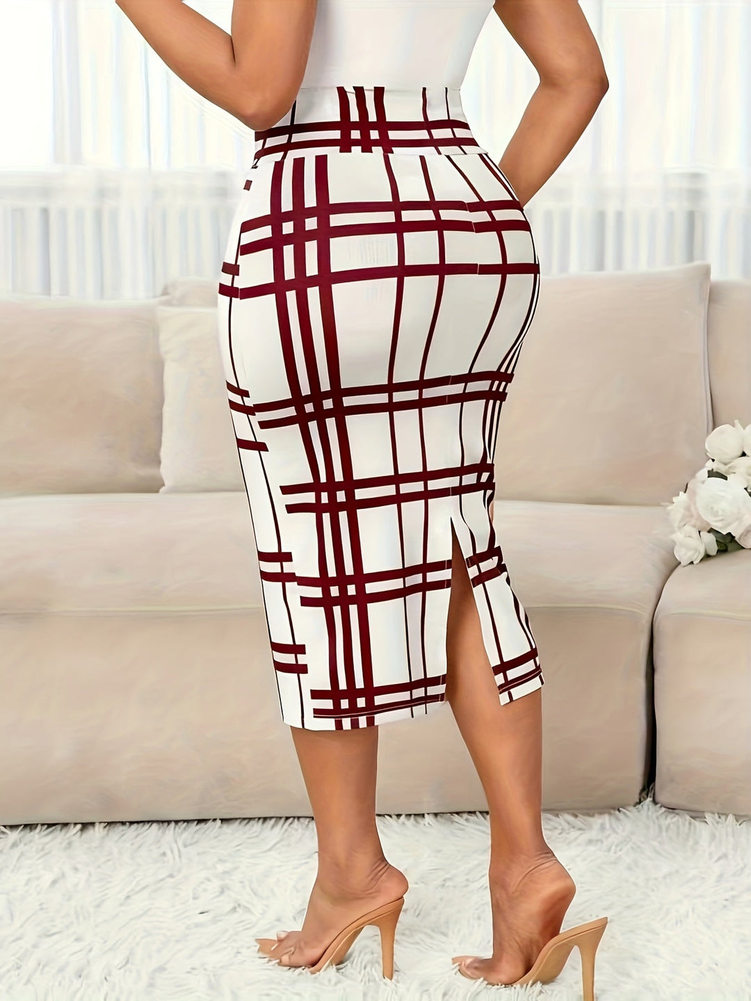 Plaid Print High Waisted Bodycon Fitted Pencil Midi Skirt