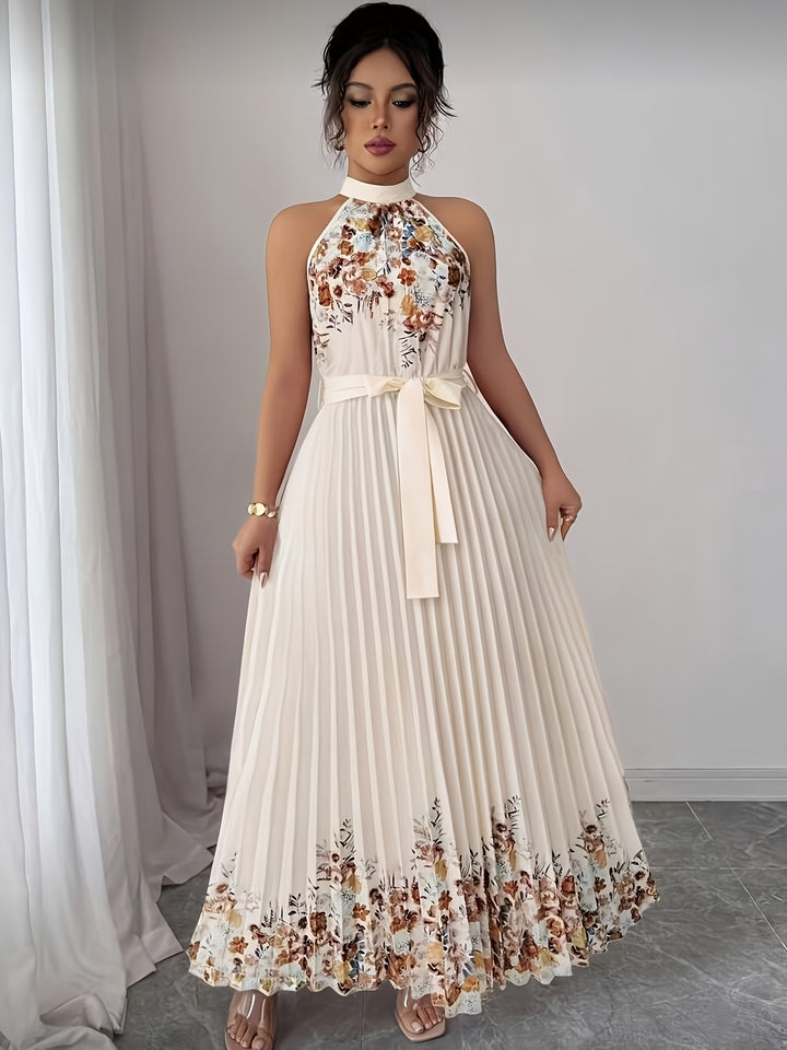 Women's Black Floral Halter Neck Pleated Belted Maxi Wedding Guest Dress