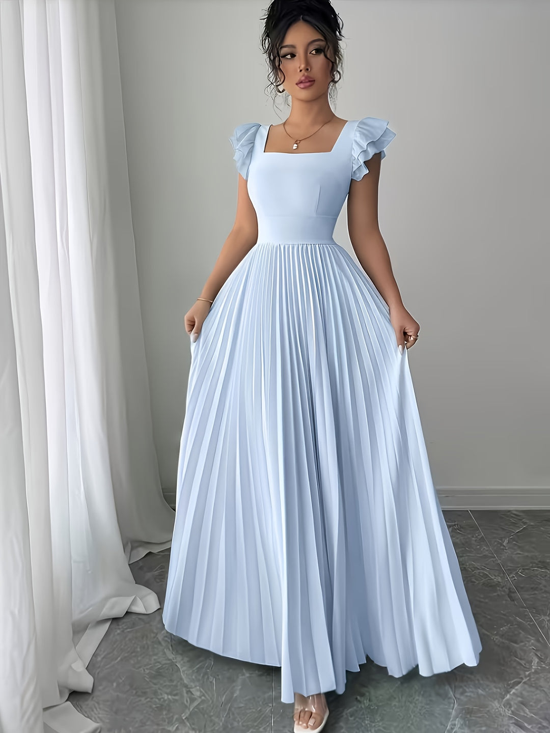 Ivory Floral Square Neck Ruffle Sleeve Pleated A Line Maxi Wedding Guest Dress