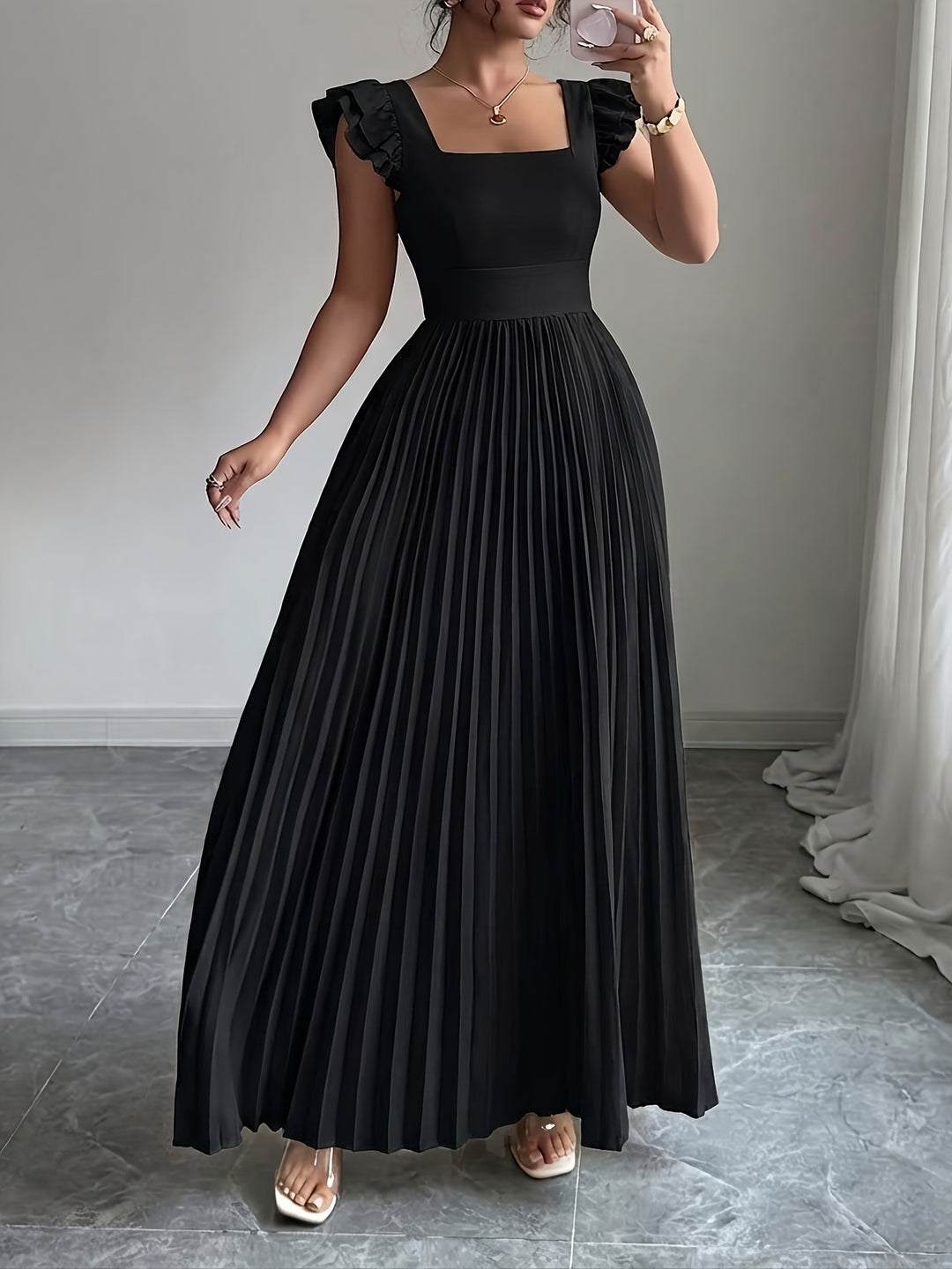 Ivory Floral Square Neck Ruffle Sleeve Pleated A Line Maxi Wedding Guest Dress