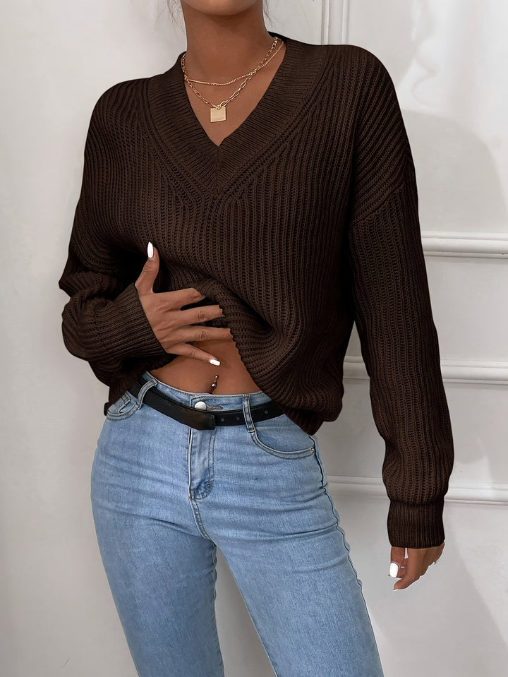 Soft Dark Brown Fall Sweater for Women with V-neck