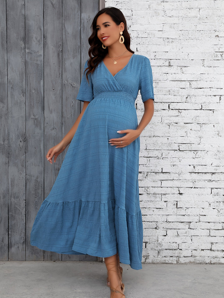 Elegant Blue Maternity Dress for Women with V Neck Short Sleeve Smocked Tiered Plus Size Style
