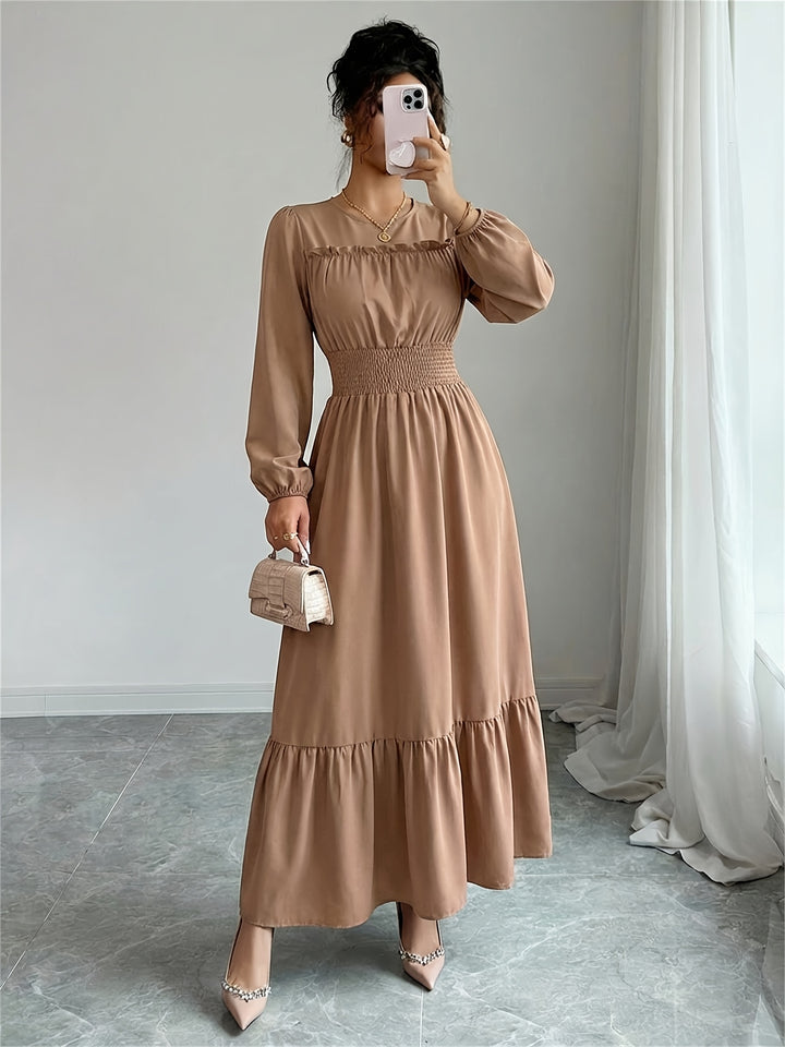 Elegant Red Lace Mother of the Bride Dress for Women with Crew Neck Long Sleeve Smocked Tiered Formal Style