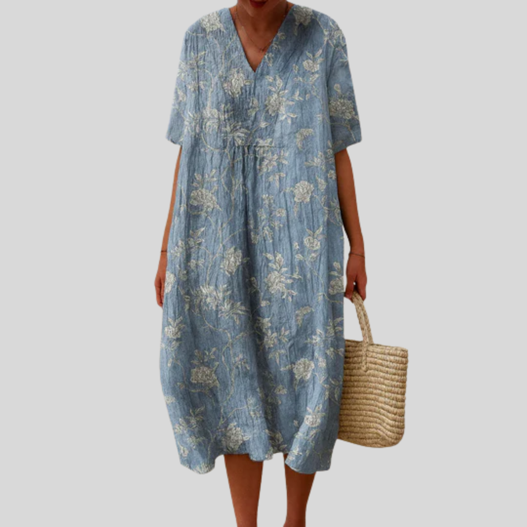 Gilda | Women's Blue Short Sleeve V Neck Floral Midi Dress