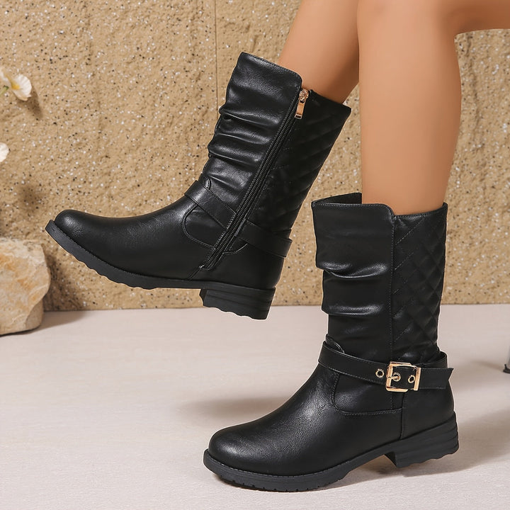 Brigitte | Women Mid Calf Buckle Black Boots