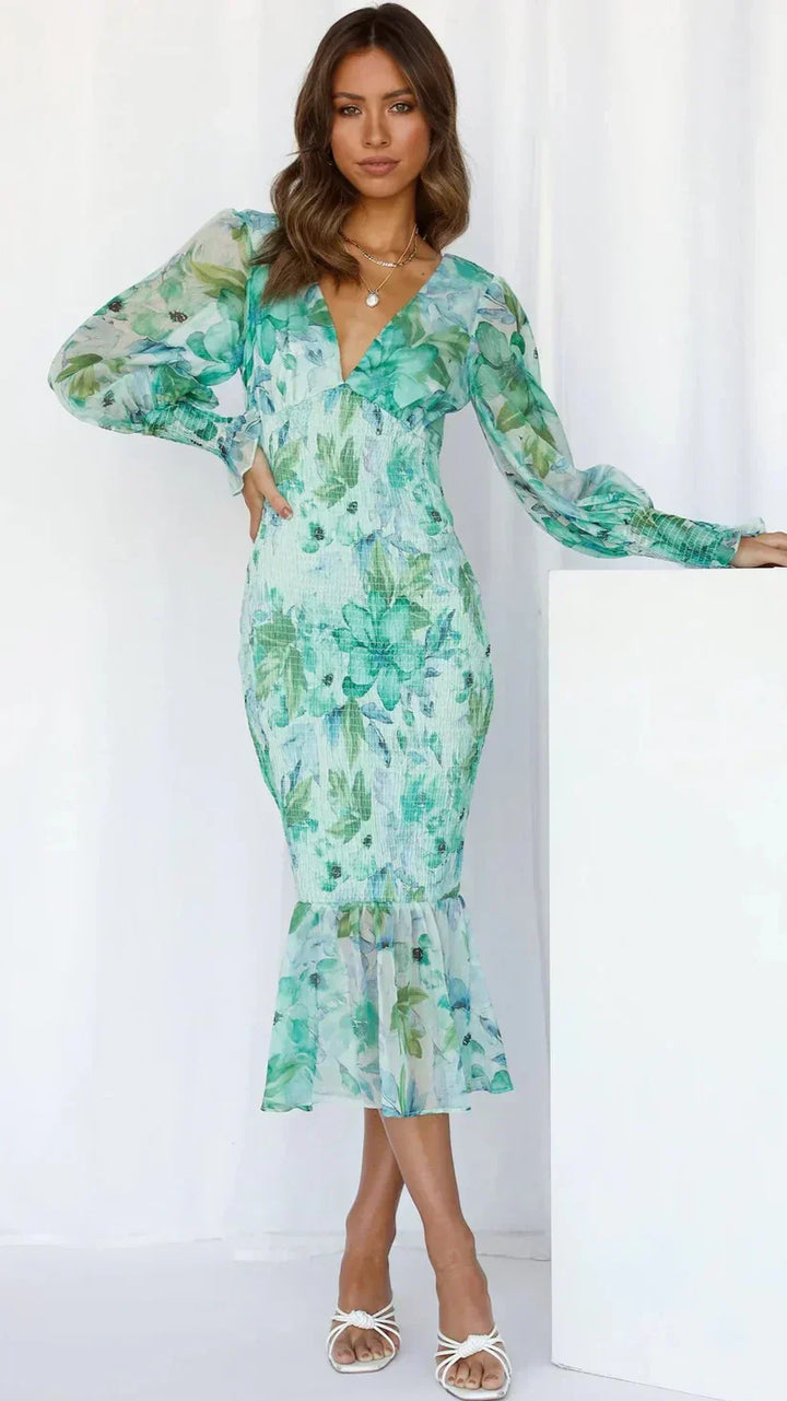 Davina | Women's Smocked Balloon Sleeve Ruffle Floral Midi Dress