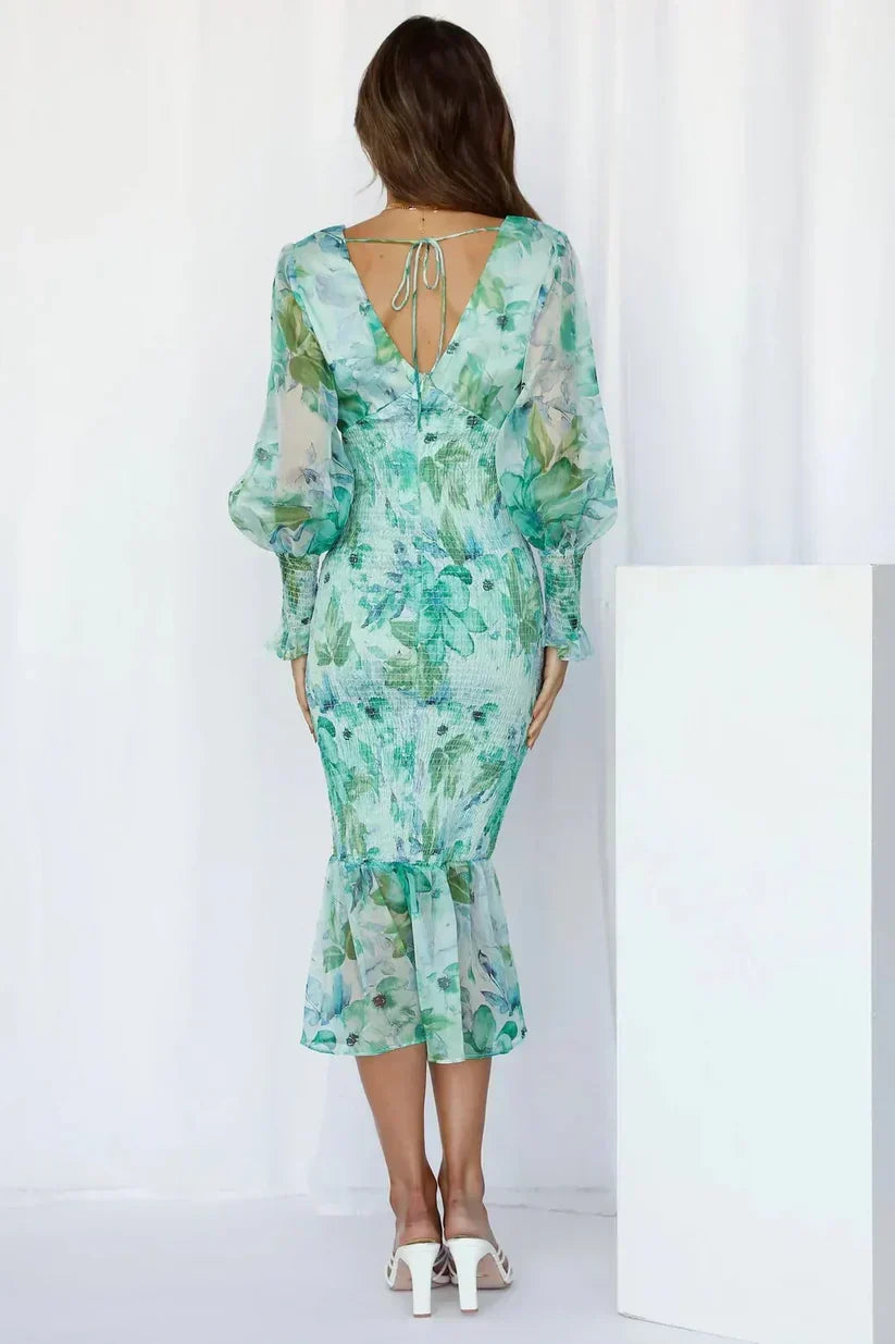 Davina | Women's Smocked Balloon Sleeve Ruffle Floral Midi Dress