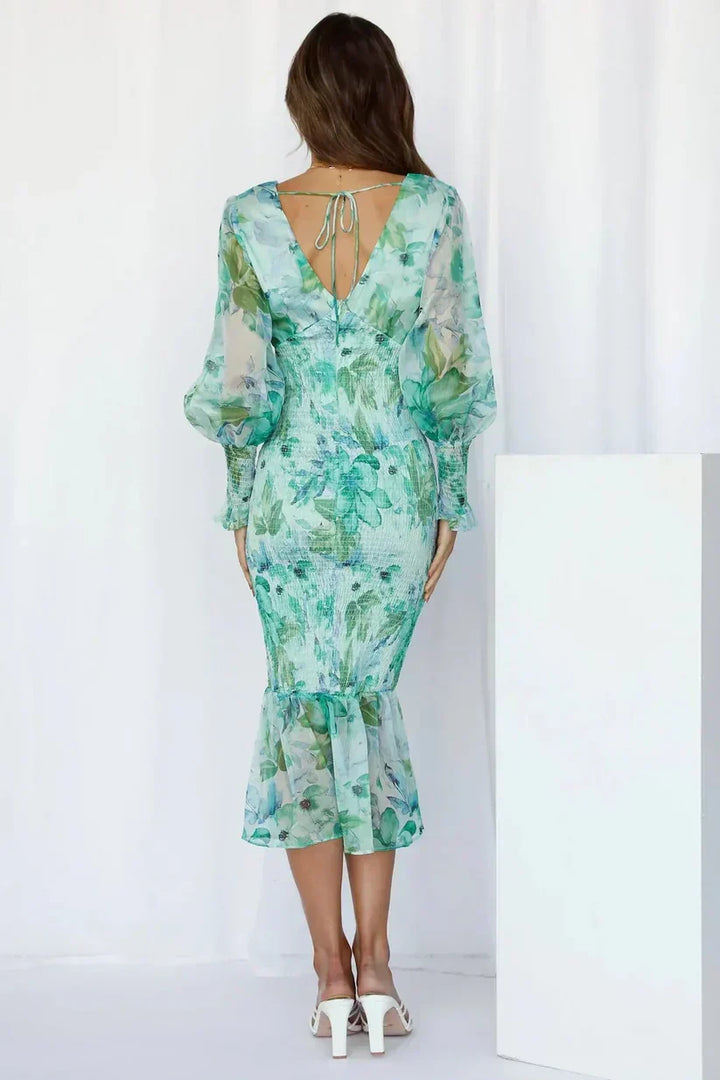 Davina | Women's Smocked Balloon Sleeve Ruffle Floral Midi Dress