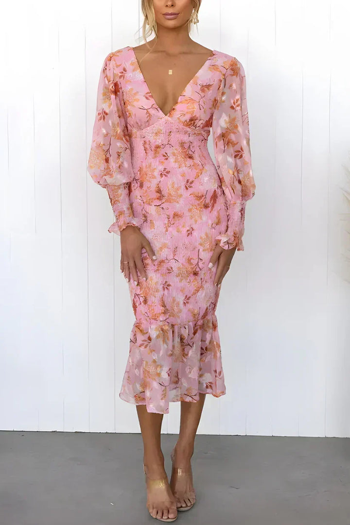 Davina | Women's Smocked Balloon Sleeve Ruffle Floral Midi Dress