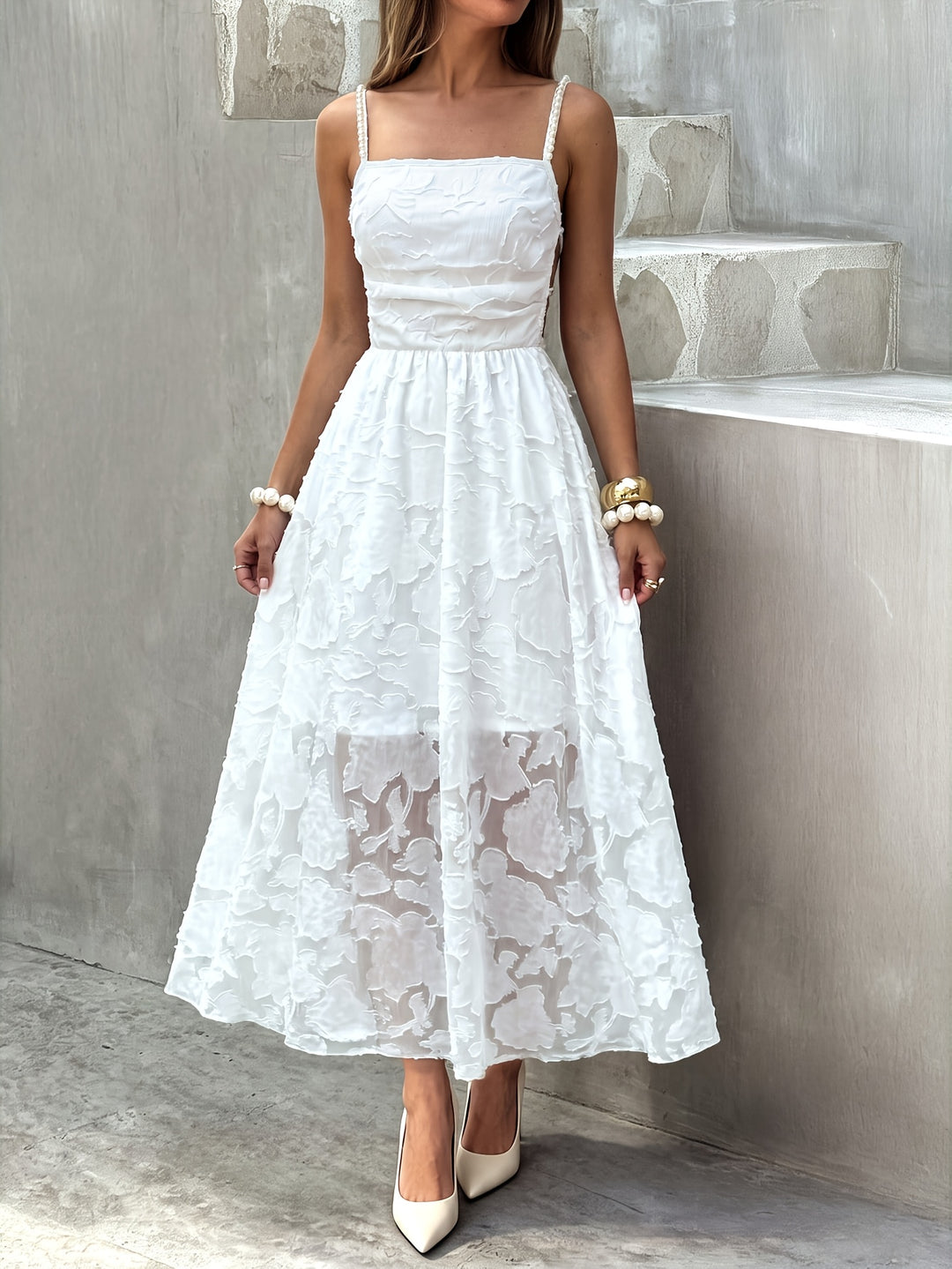 Ellis | Women's White Floral Square Neck Wedding Guest Dress