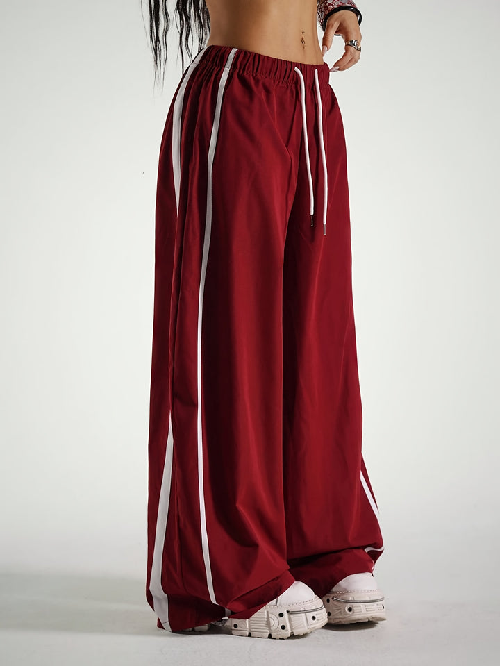 Stylish Red Pants for Women with Drawstring Plus Size Flowy Casual Style