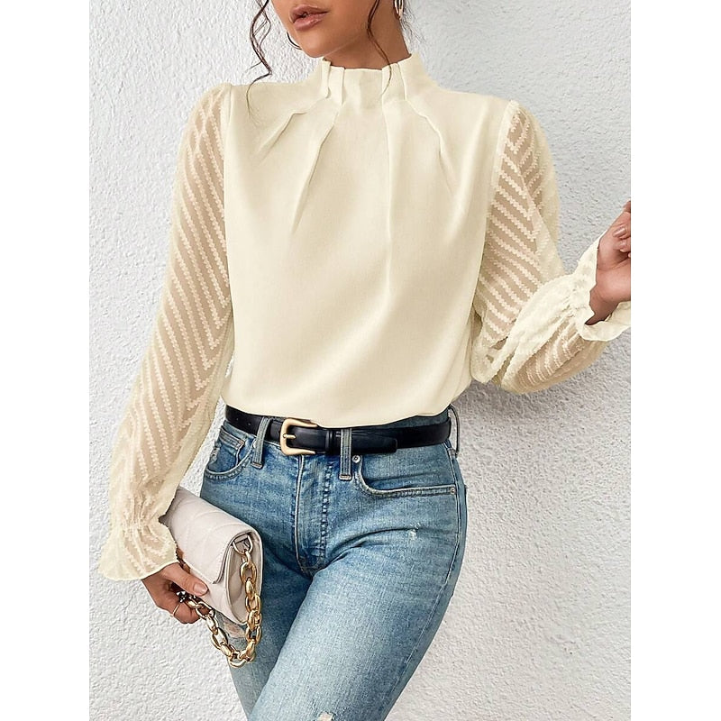 Mock Neck Long Sleeve Pleated Sheer Lace Ruffle Going Out Blouse Top