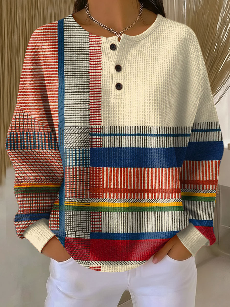 Radegund | Women Colorblock Waffle Henley Sweater