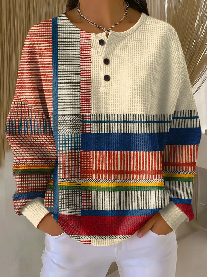 Radegund | Women Colorblock Waffle Henley Sweater