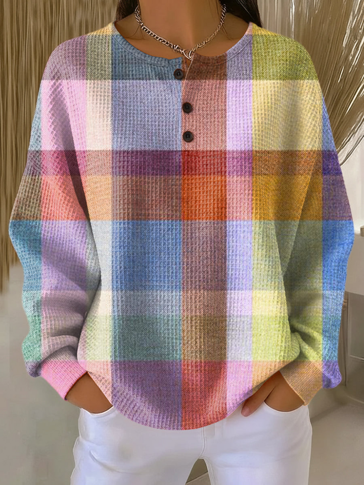 Radegund | Women Colorblock Waffle Henley Sweater