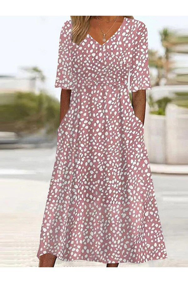 Pink Dress Polka Dot Maxi V Neck