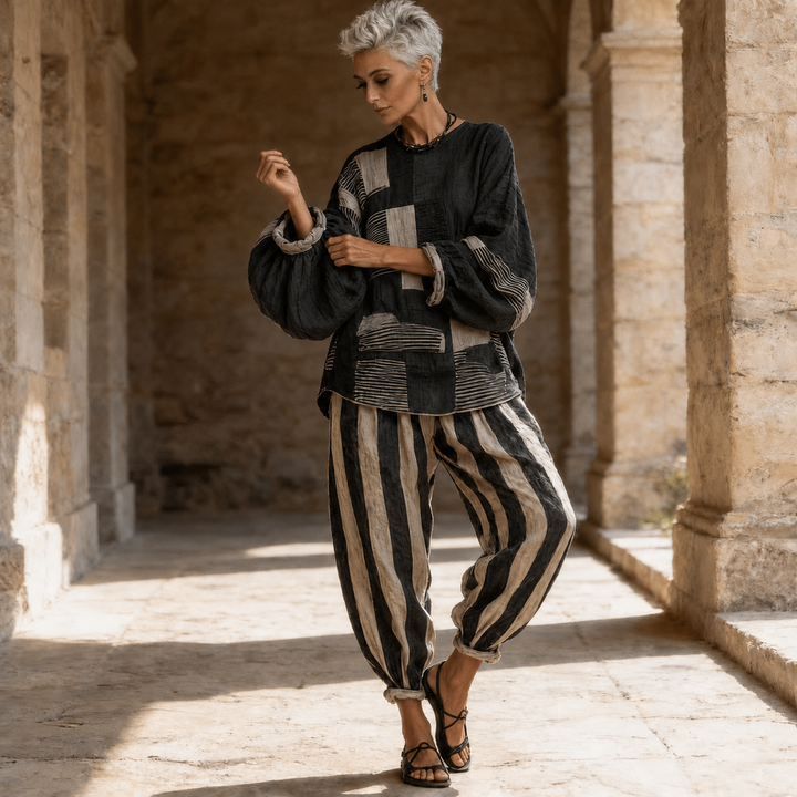 Ottilie | Women's Wide Leg Color Block Striped Round Neck Long Sleeve Two Piece Set