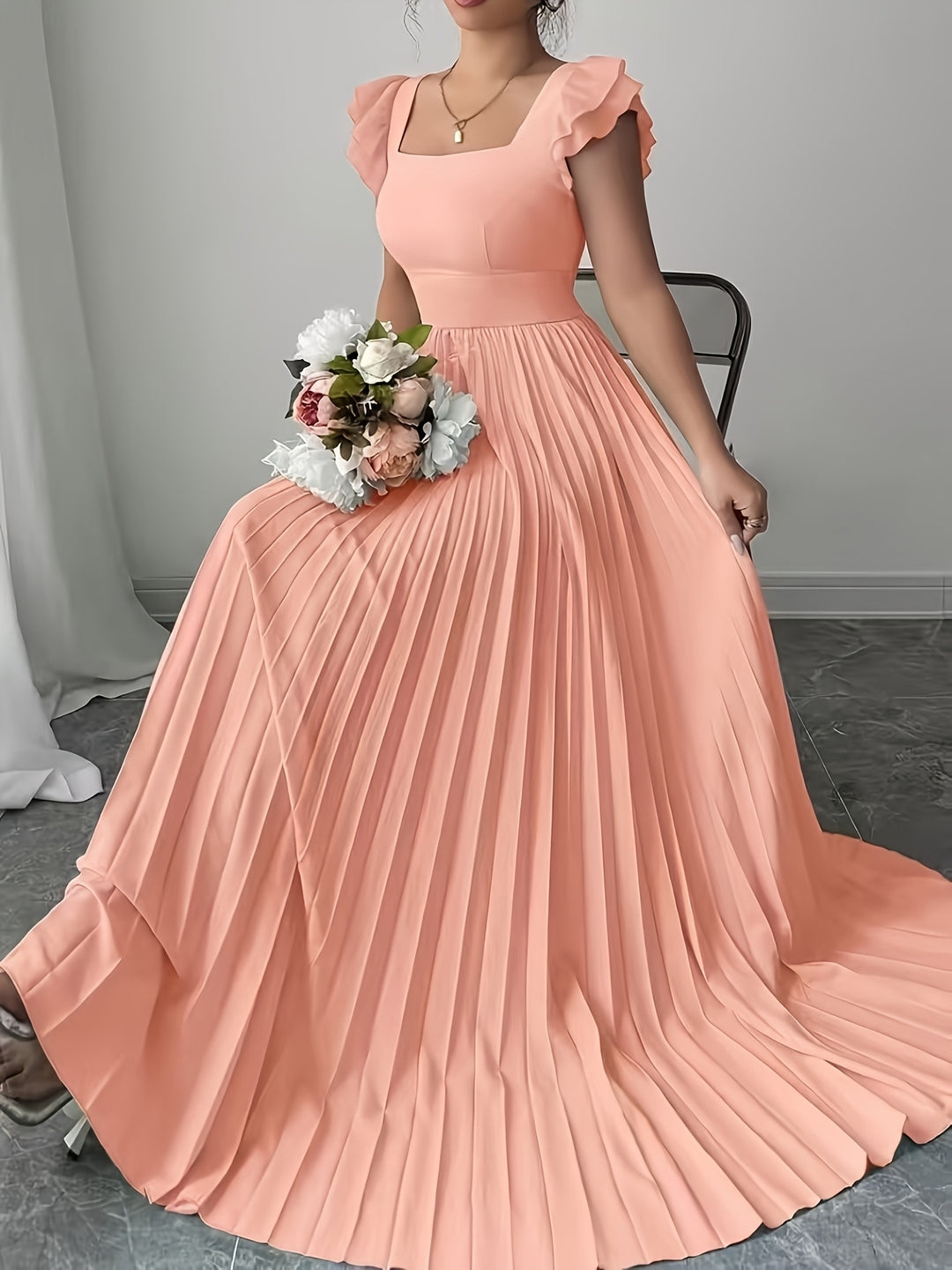 Ivory Floral Square Neck Ruffle Sleeve Pleated A Line Maxi Wedding Guest Dress