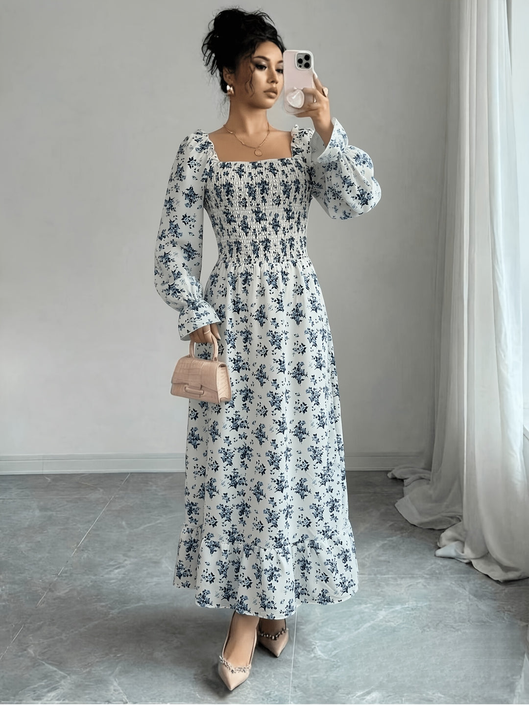 Serena | Women's Flare Square Neck Long Sleeve Evening Gown