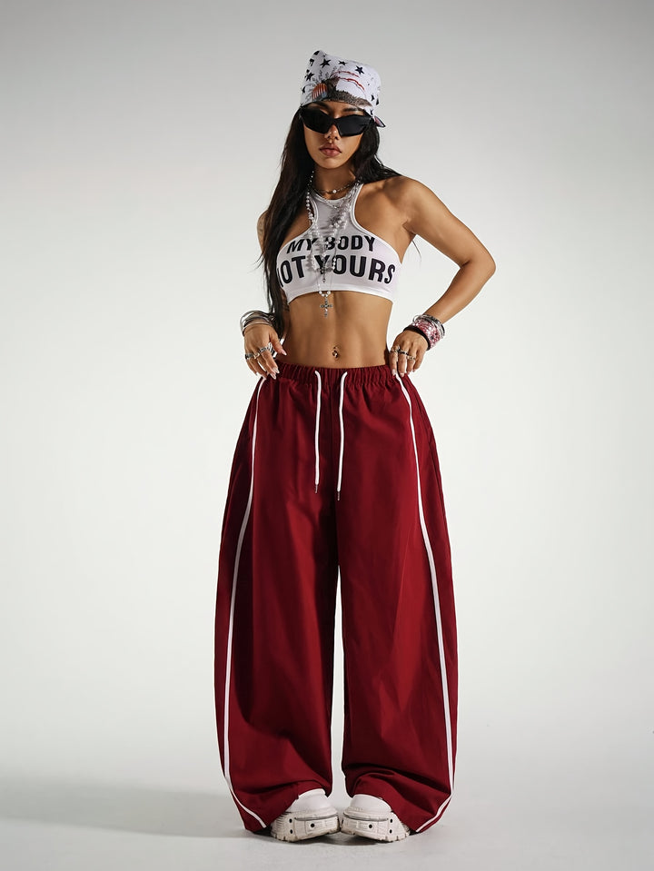 Stylish Red Pants for Women with Drawstring Plus Size Flowy Casual Style