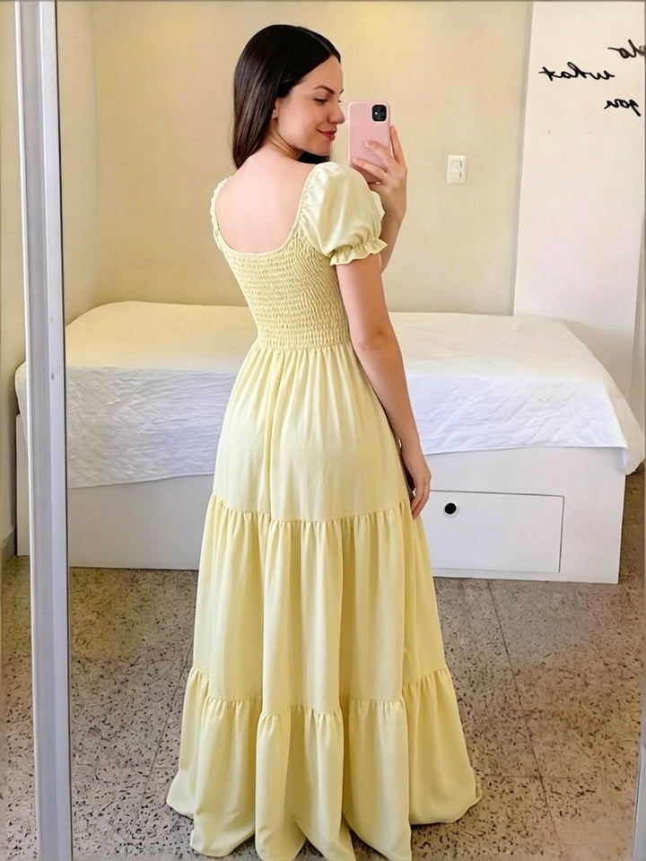 Pilar | Women's Square Neck Short Sleeve Tiered Casual Maxi Smocked Dress