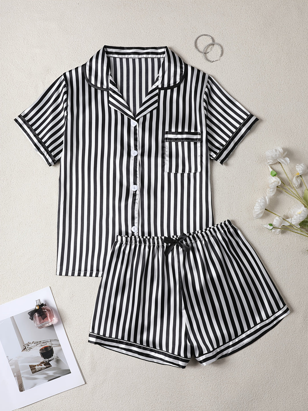 Merritt | Women's Striped Button Front Casual Pajama Sequin Set