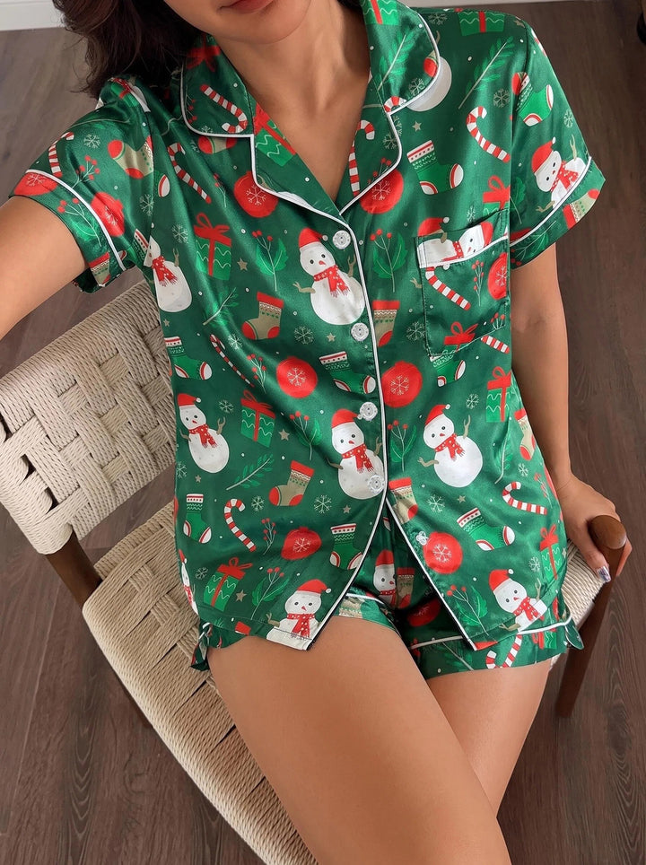 Christmas Pajamas Snowman Print Satin Short Set