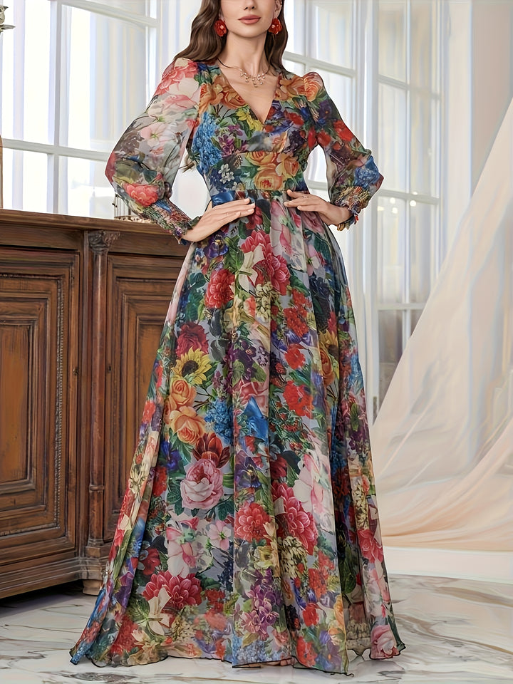 Kailani | Women's Multicolor Floral V Neck Long Sleeve Chiffon Maxi Dress