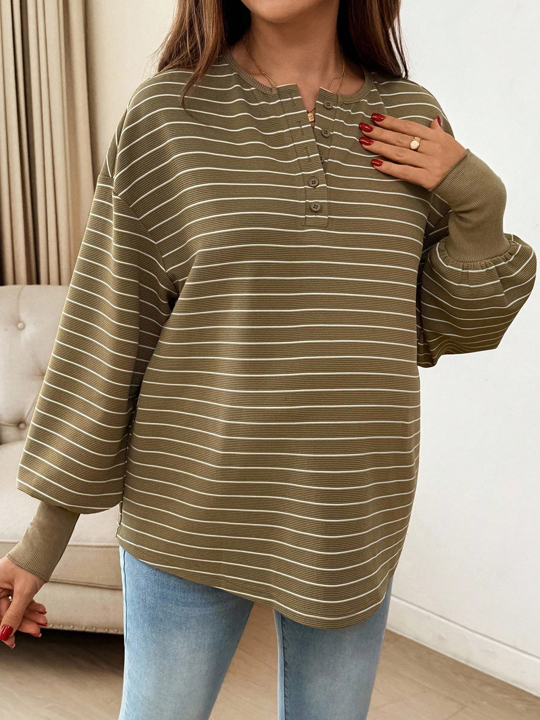 Elegant Green Stripe Knit Maternity Top for Women with Crew Neck Long Sleeve Button Front Plus Size Flowy Style
