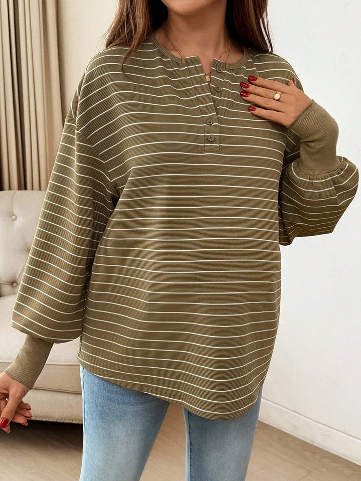 Elegant Green Stripe Knit Maternity Top for Women with Crew Neck Long Sleeve Button Front Plus Size Flowy Style