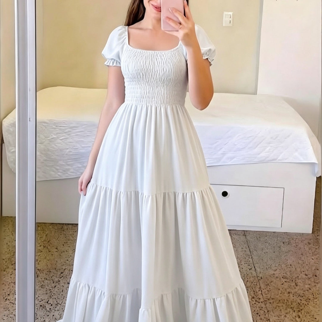 Pilar | Women's Square Neck Short Sleeve Tiered Casual Maxi Smocked Dress