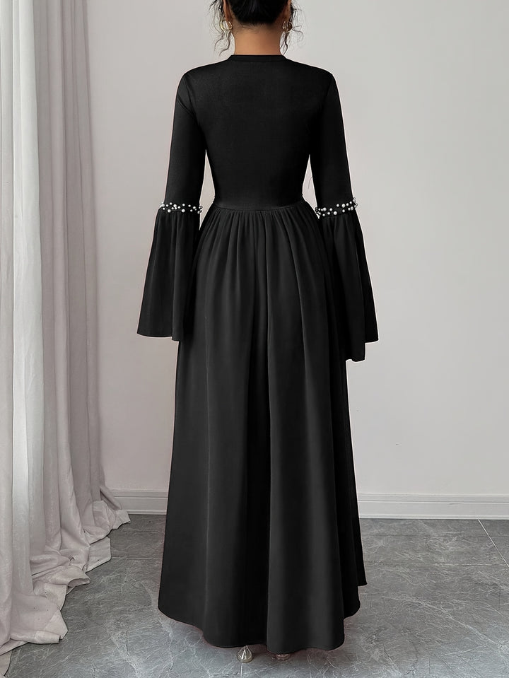 Beaded Round Neck Bell Sleeve A Line Maxi Wedding Guest Dress