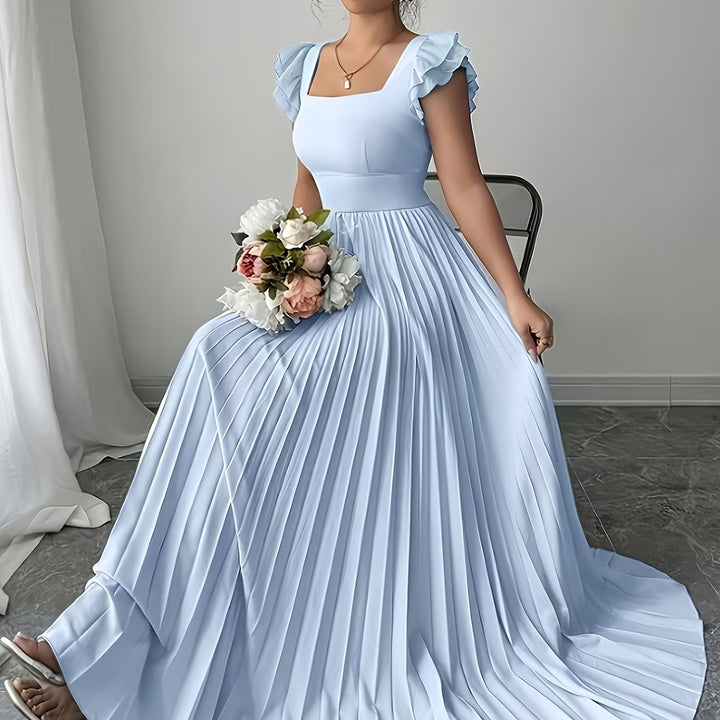 Ivory Floral Square Neck Ruffle Sleeve Pleated A Line Maxi Wedding Guest Dress