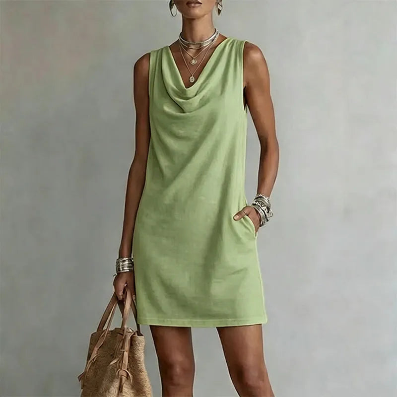 Cowl Neck Sleeveless Pocket Casual Shift Mini Sundress