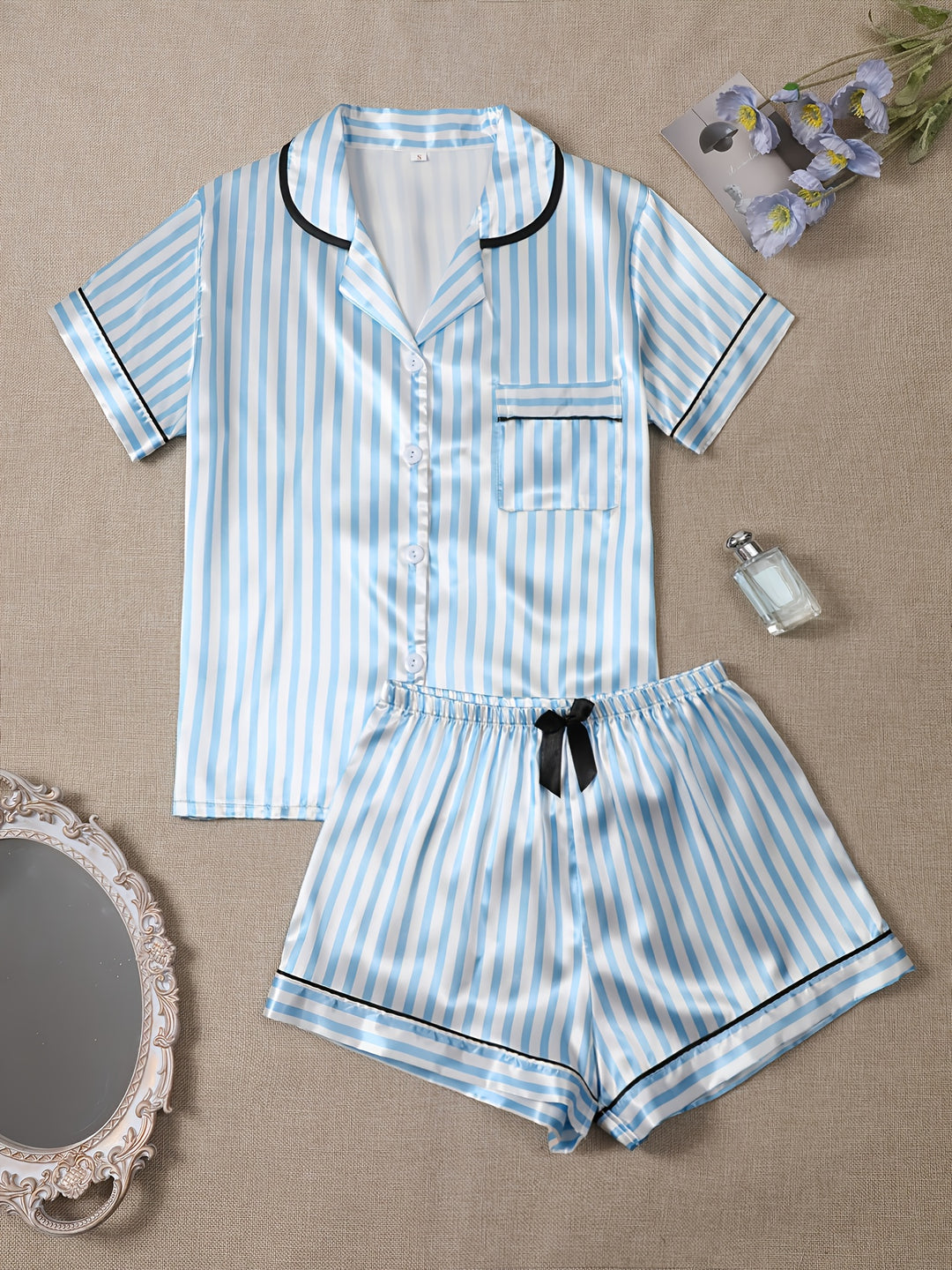 Merritt | Women's Striped Button Front Casual Pajama Sequin Set