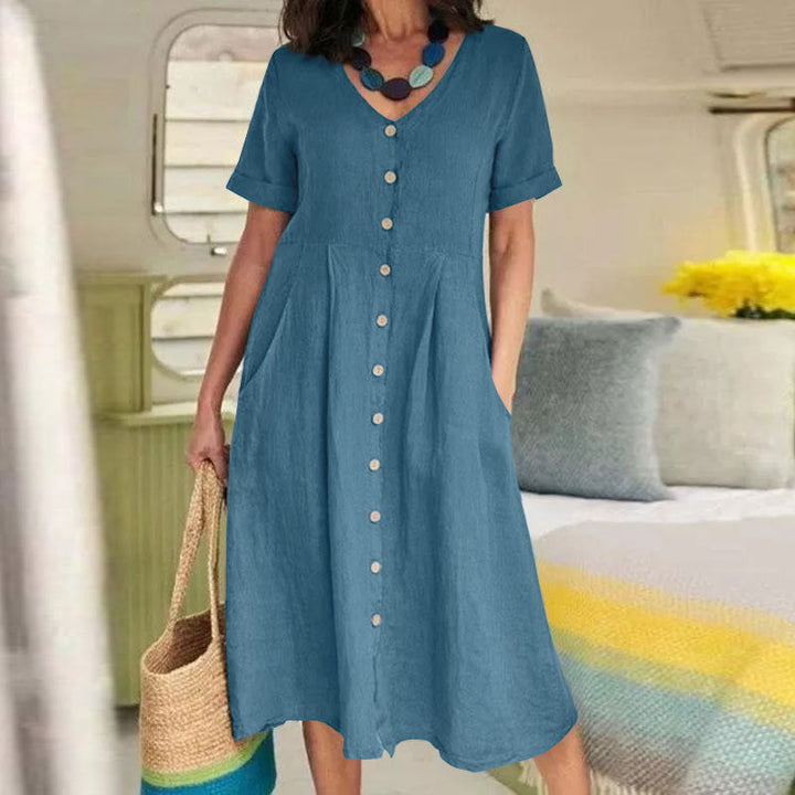 Nia | Women Button Front Short Sleeve Midi Dress