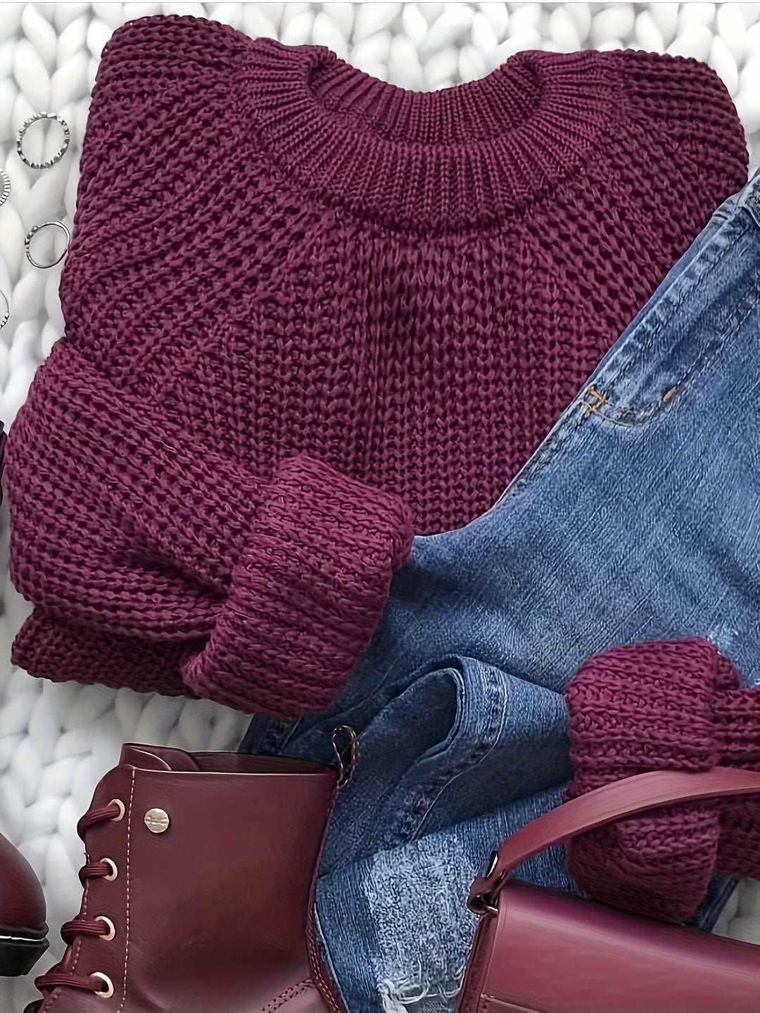 Edith | Women's Knit Oversized Crew Neck Long Sleeve Belted Casual Blouse