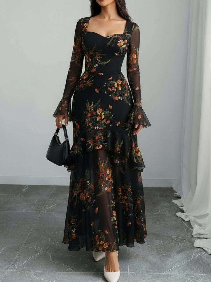 Elegant Black Floral Knit Plus Size Mother of the Bride Dress for Women with Sweetheart Neckline Long Sleeve Wedding Style