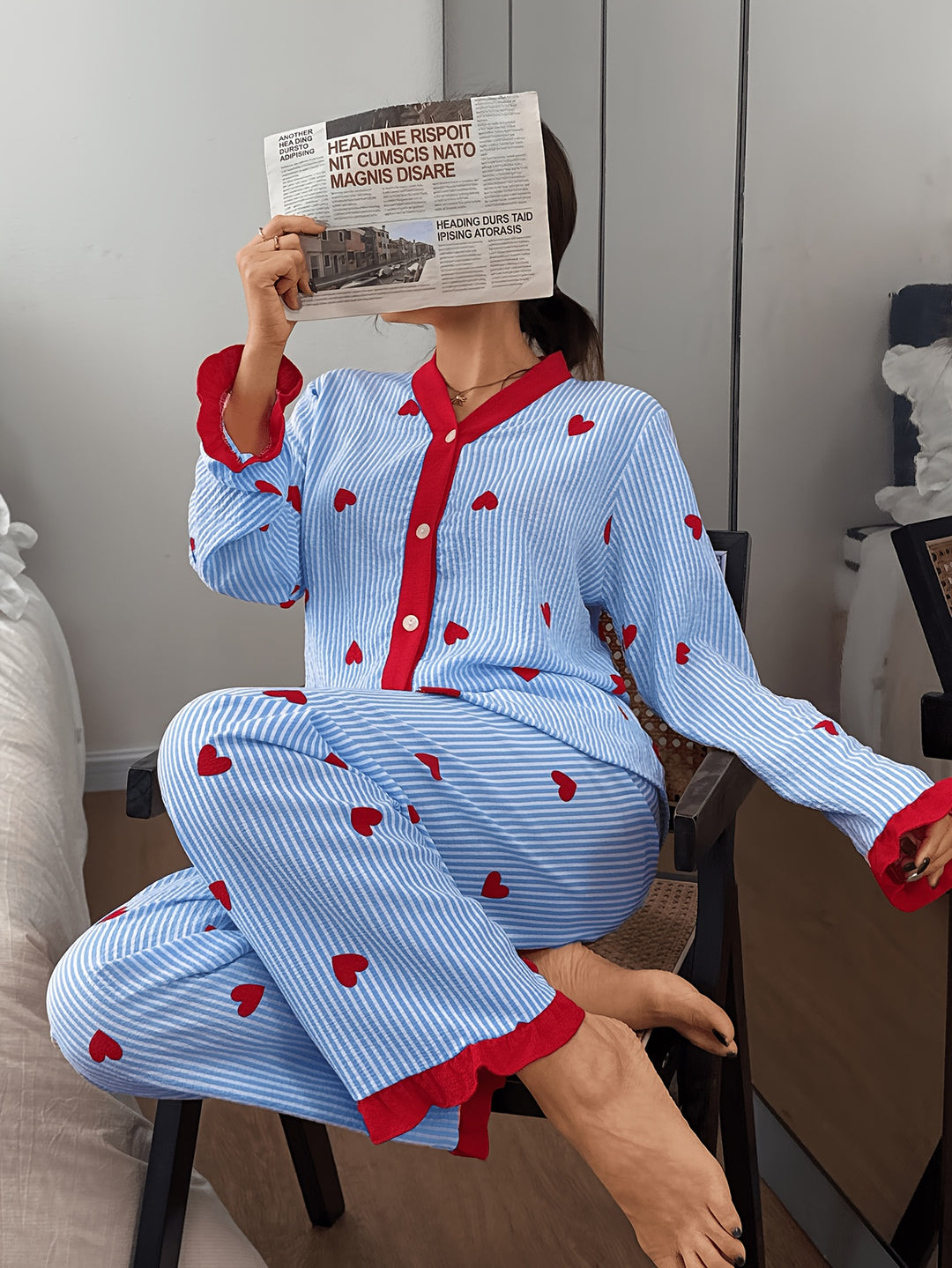Effortless Heart Pajamas for Women with V Neck Long Sleeve Contrast Cuff Casual Style
