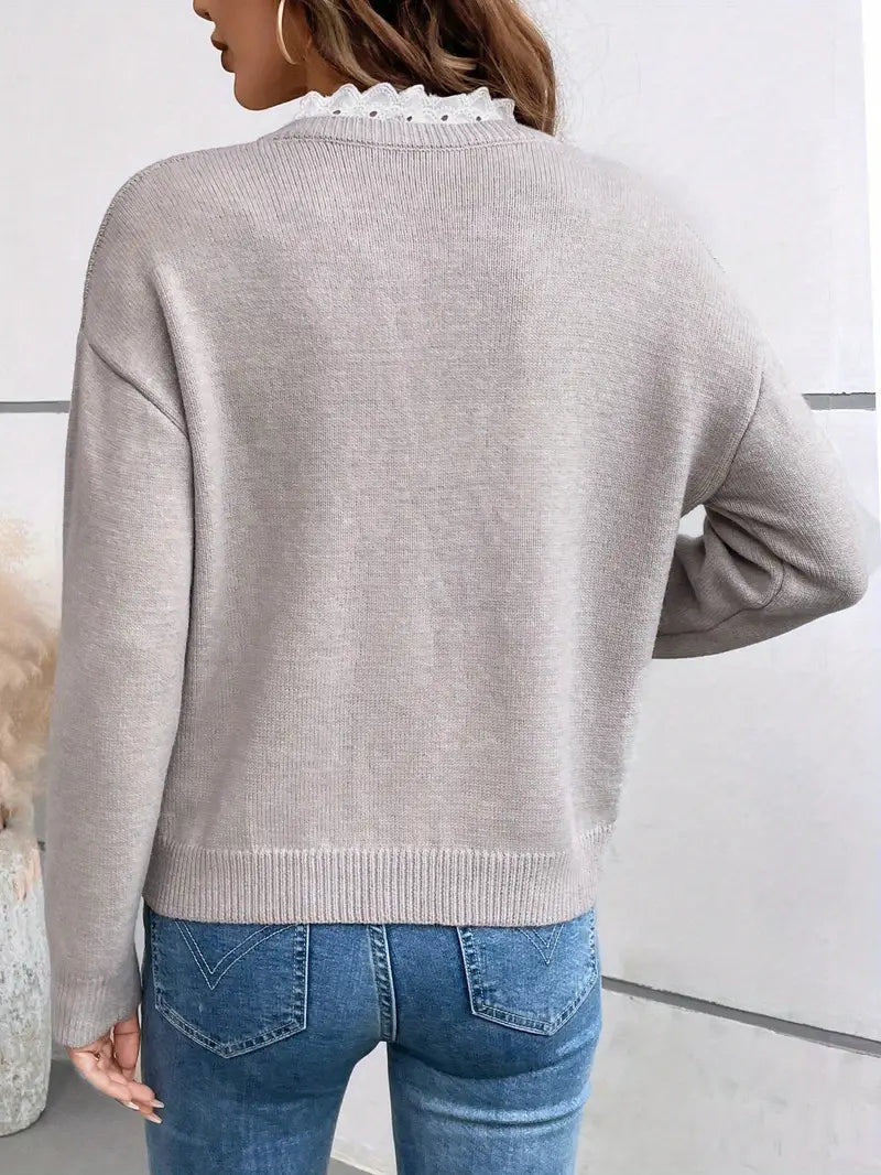 Adalynn | Women's V Neck Lace Trim Drop Shoulder Knit Sweater