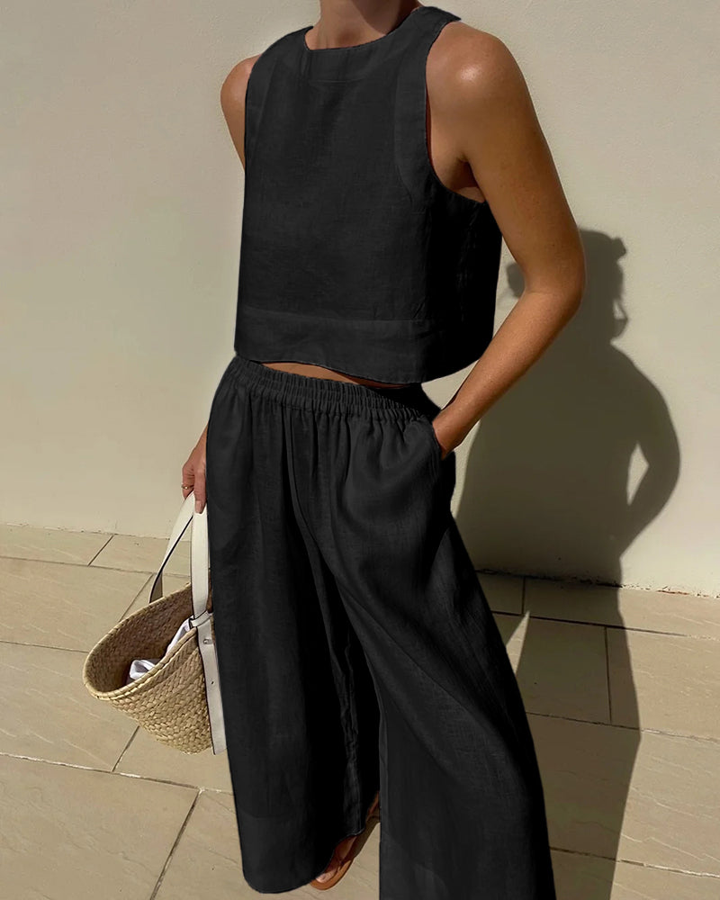 Aislinn | Women Linen Crop Wide Leg Two Piece Set