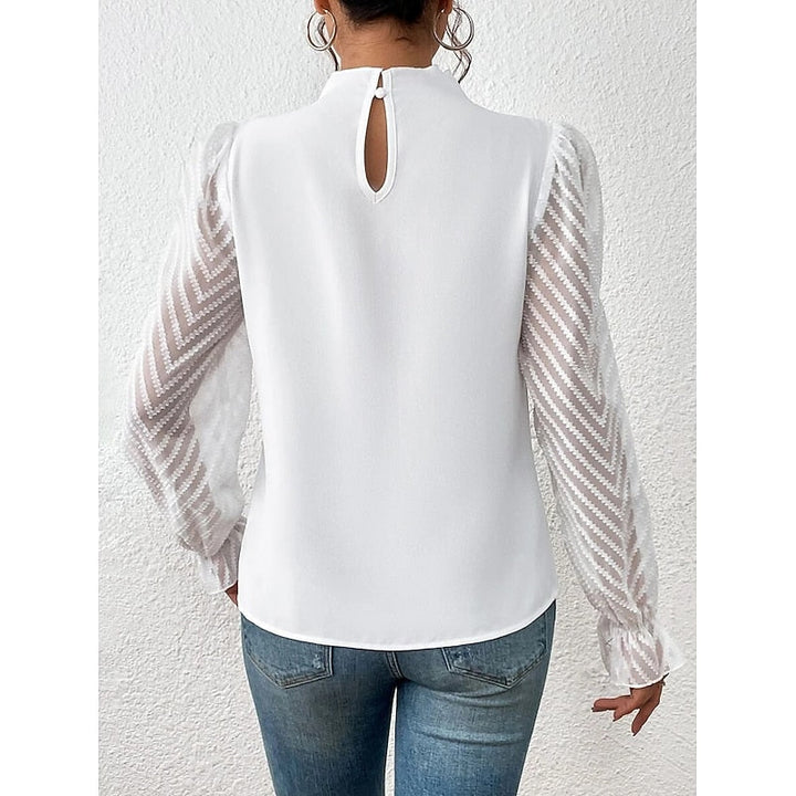 Mock Neck Long Sleeve Pleated Sheer Lace Ruffle Going Out Blouse Top