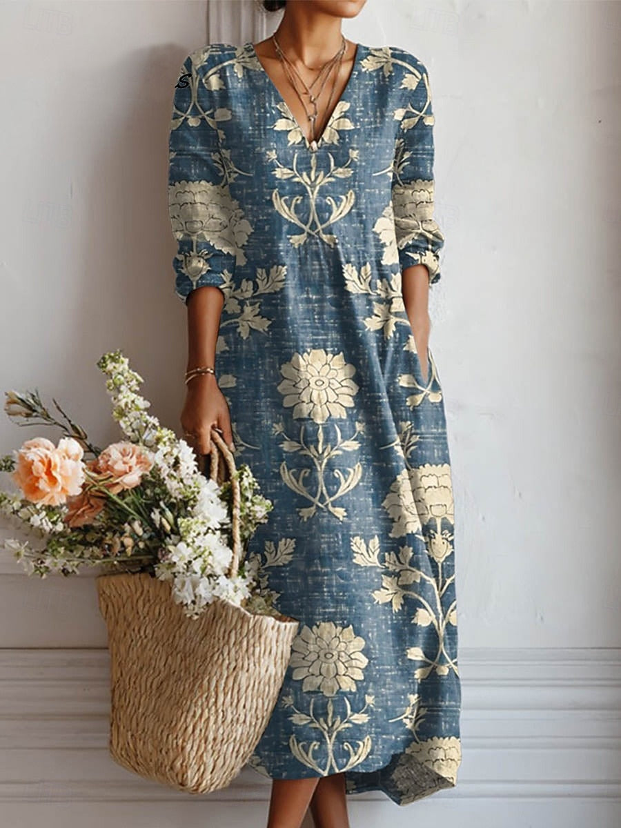 Eviana | Women's Linen V Neck Pocket Floral Midi Dress