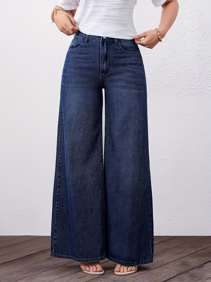 Stylish Blue Denim Wide Leg Jeans for Women with Loose Fit Plus Size Flowy Style