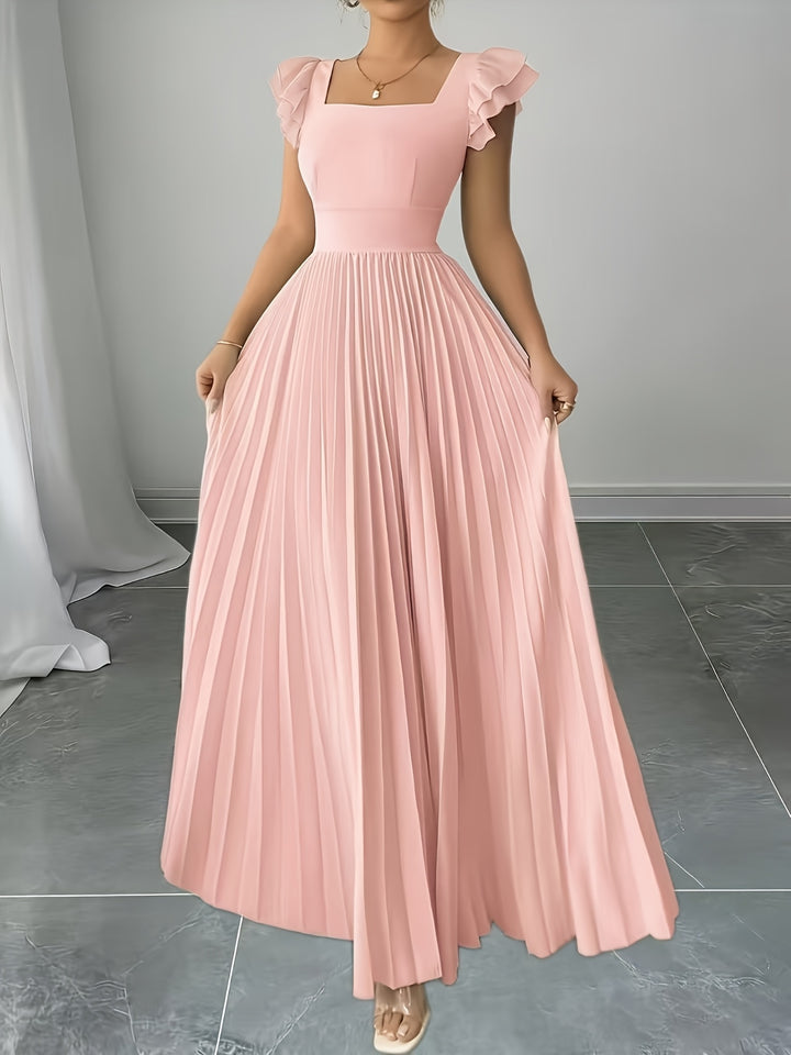 Ivory Floral Square Neck Ruffle Sleeve Pleated A Line Maxi Wedding Guest Dress