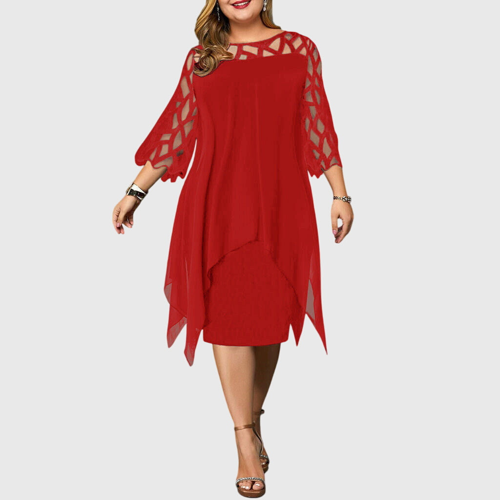 Red Dress Lattice Neckline Asymmetrical Hem