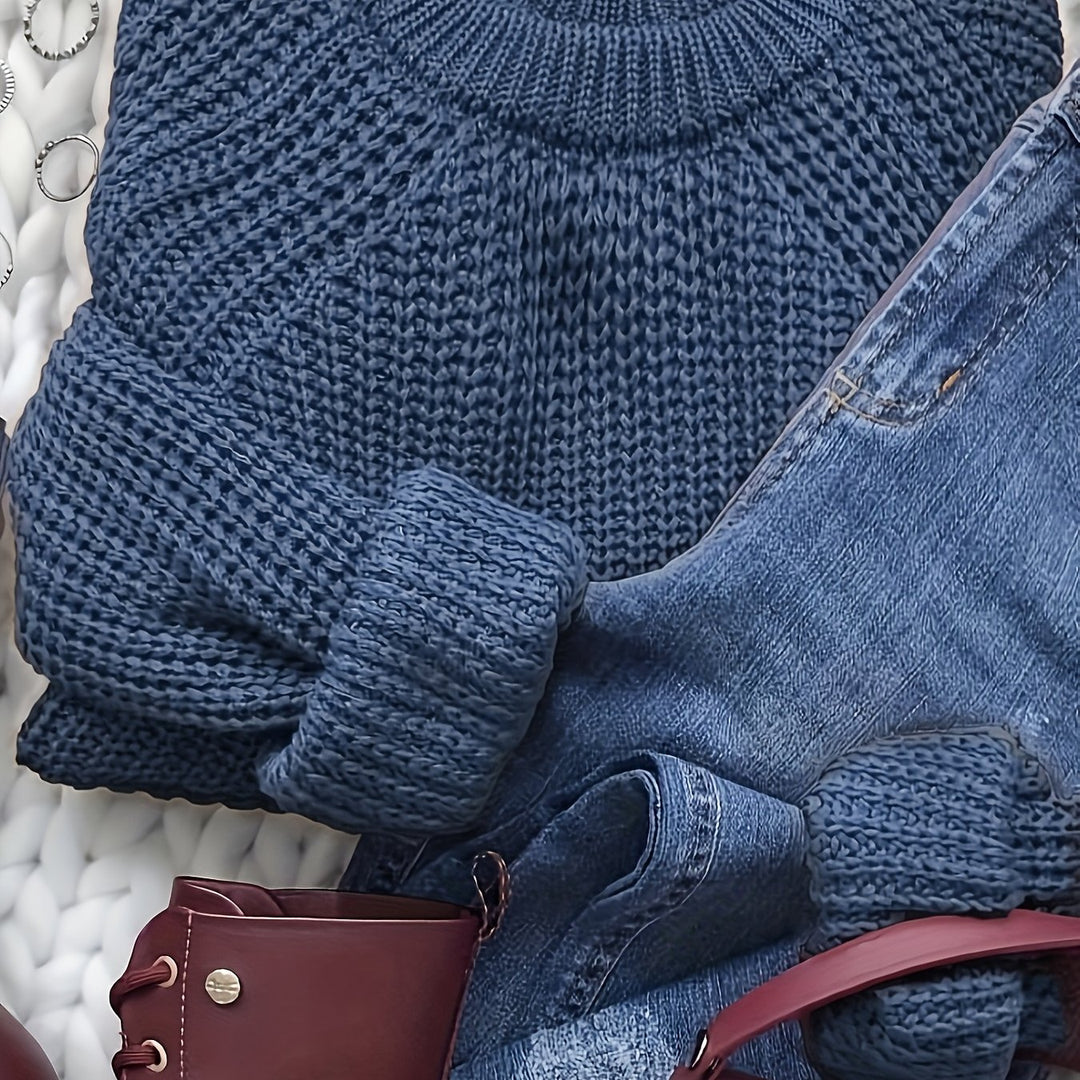 Edith | Women's Knit Oversized Crew Neck Long Sleeve Belted Casual Blouse